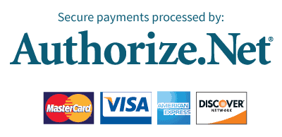 Secure payments processed by Authorize.Net. Mastercard, Visa, American Express and Discover.
